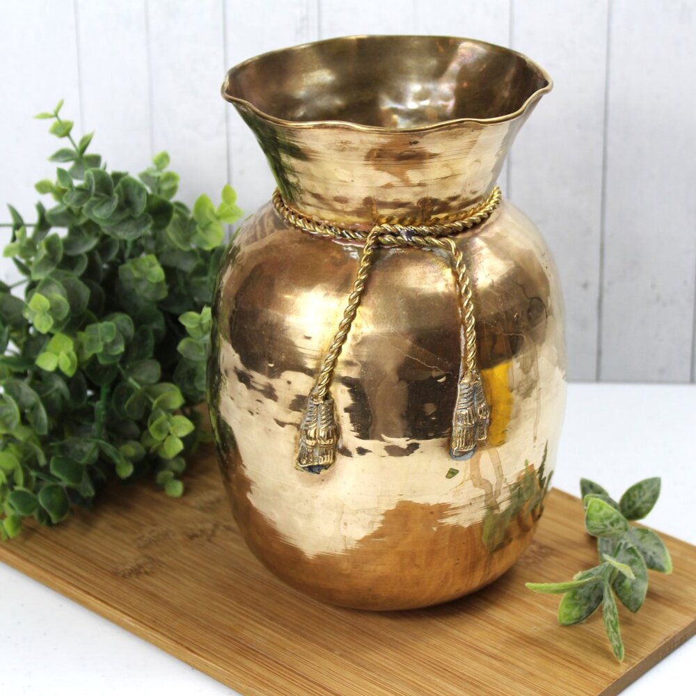 Vintage Brass Sack Bag Vase with Rope and Tassels 8-3/8" H Made in India